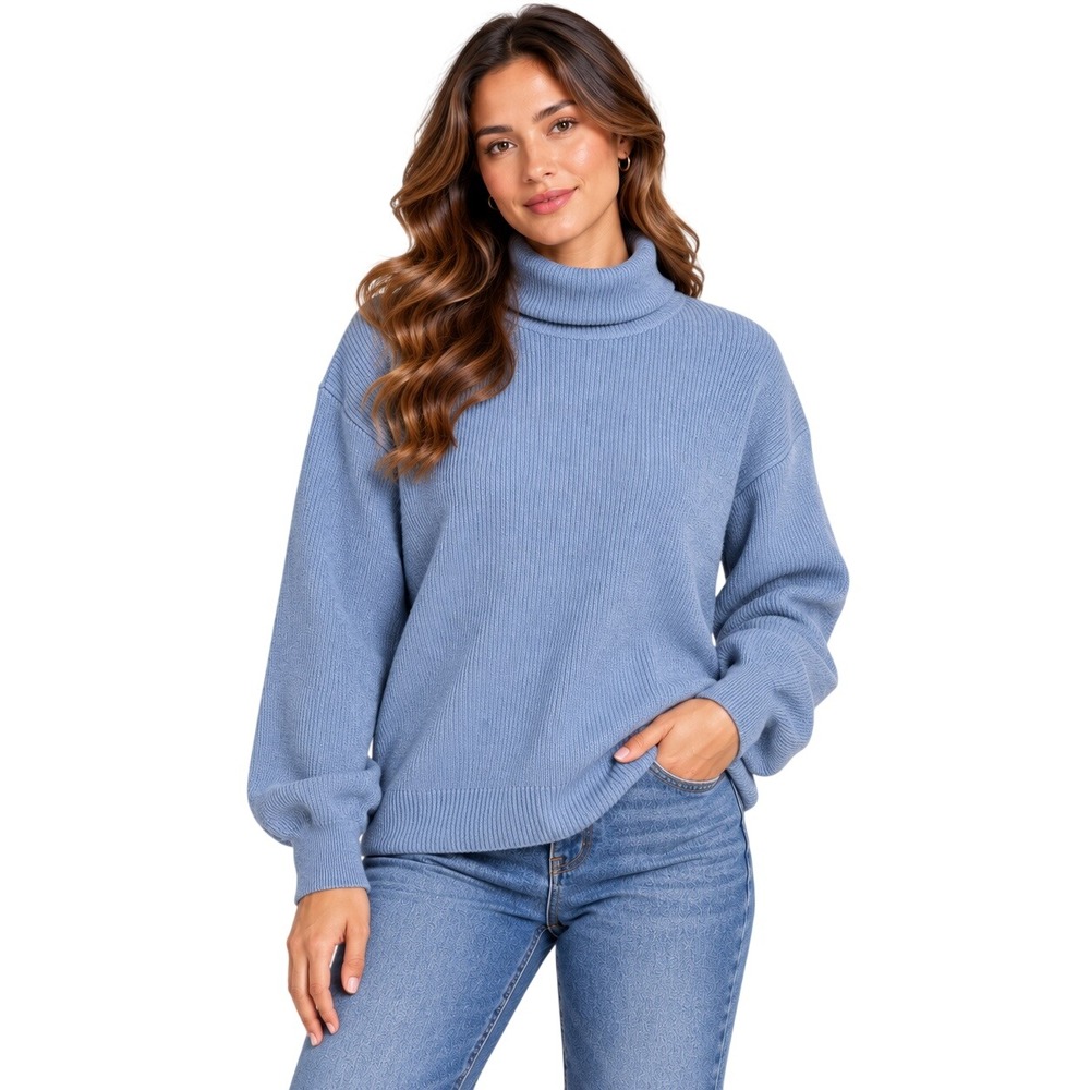 Free People Ribbed Turtleneck Sweater Blue Grey Balloon Sleeve XS Relaxed Fit